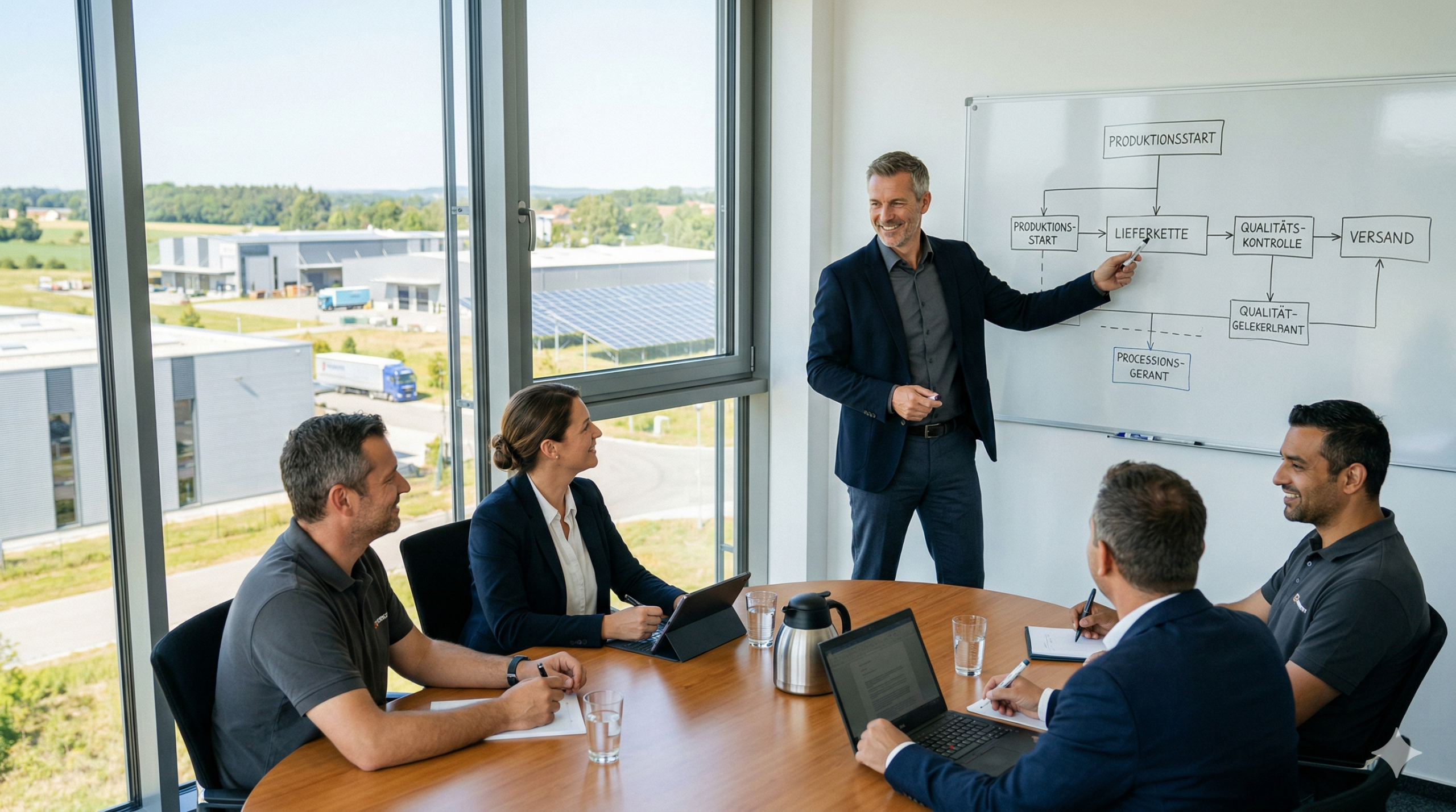 Projektmanagement Beratung – Berater am Whiteboard im Teamworkshop eines Industrieunternehmens