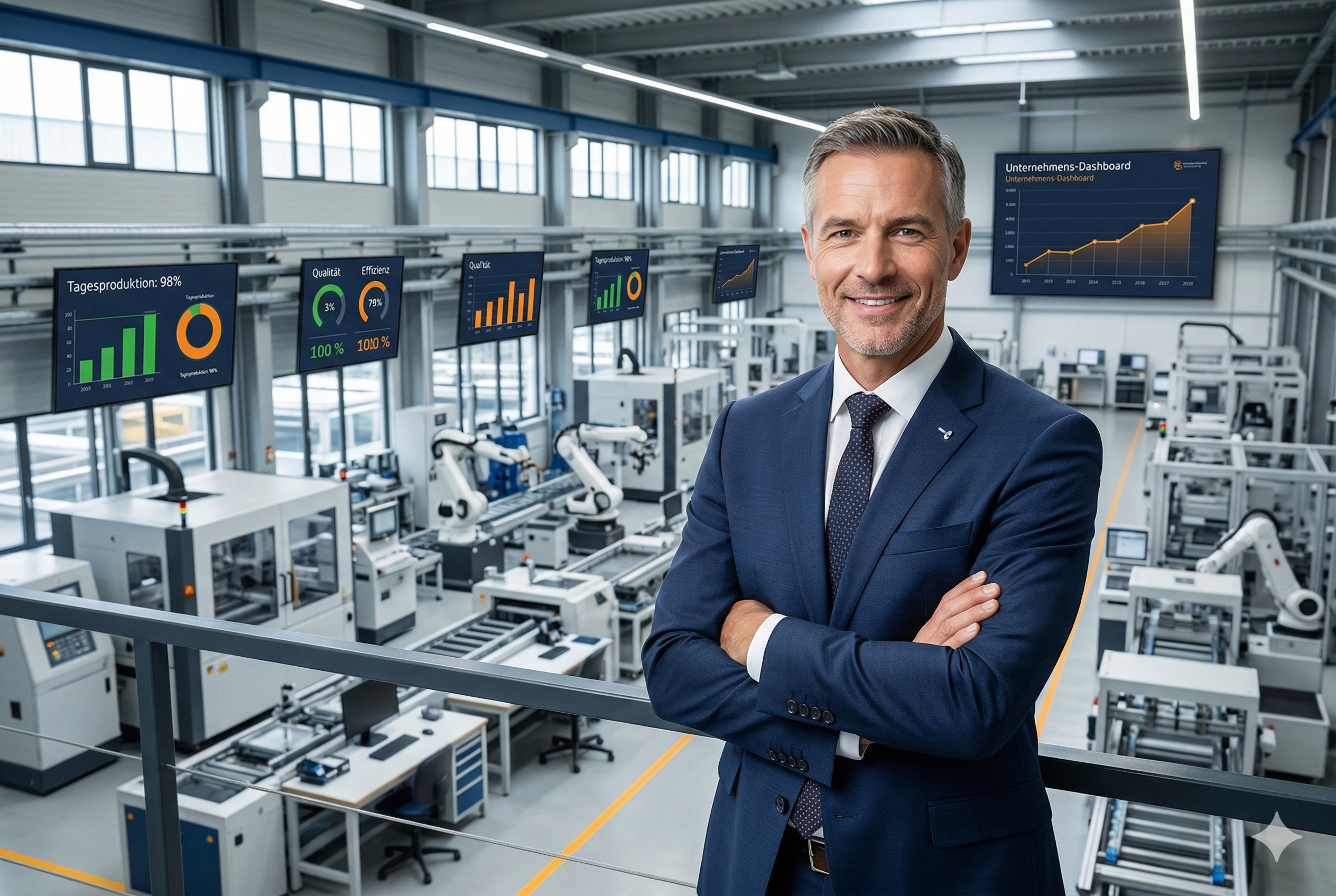 Erfolgreicher Werksleiter vor moderner Produktionsfläche mit Dashboards – Case Study PM4PRODUCTION