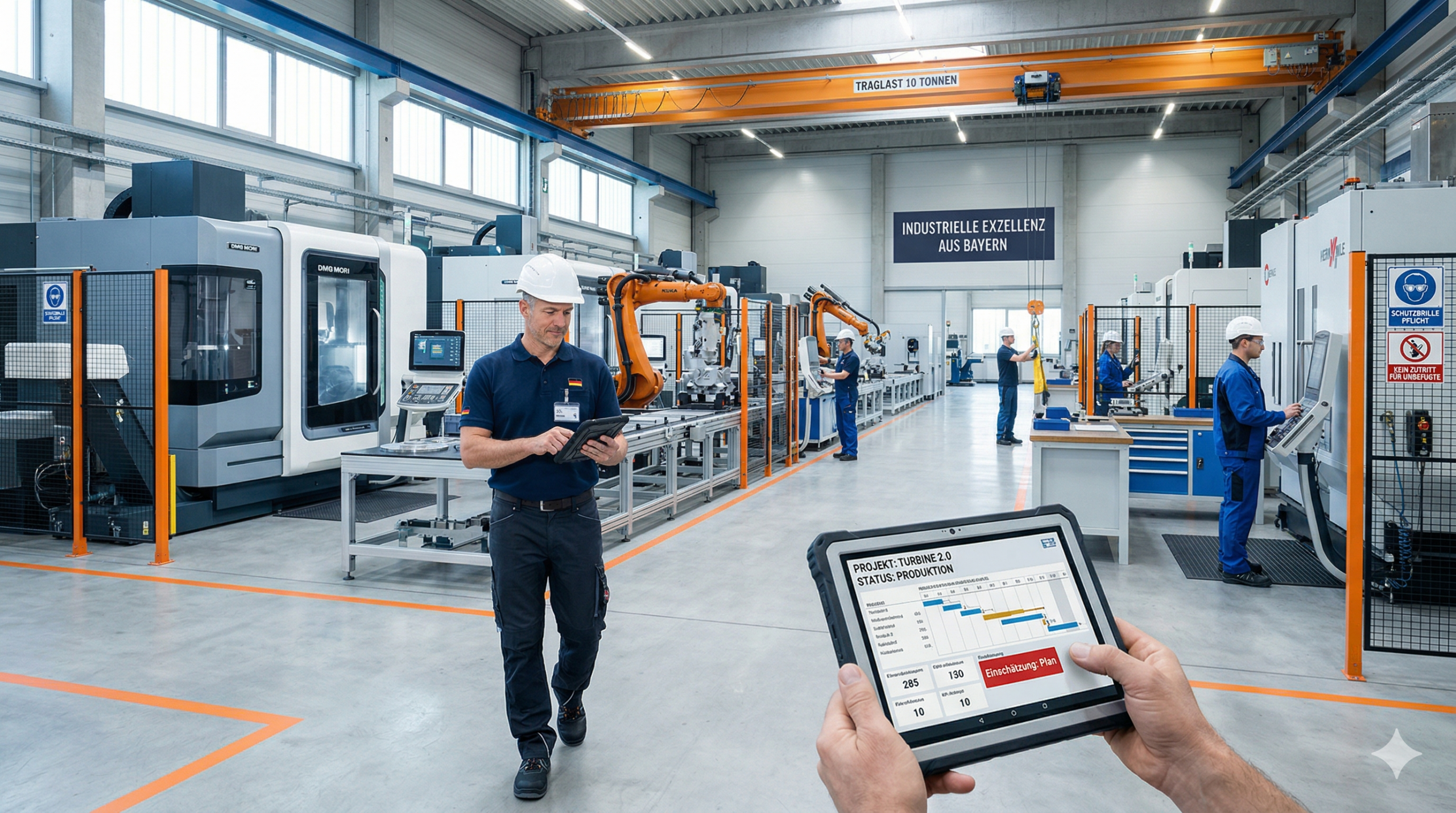 Multiprojektmanagement Maschinenbau – Manager mit Tablet vor CNC-Maschinen in der Produktionshalle