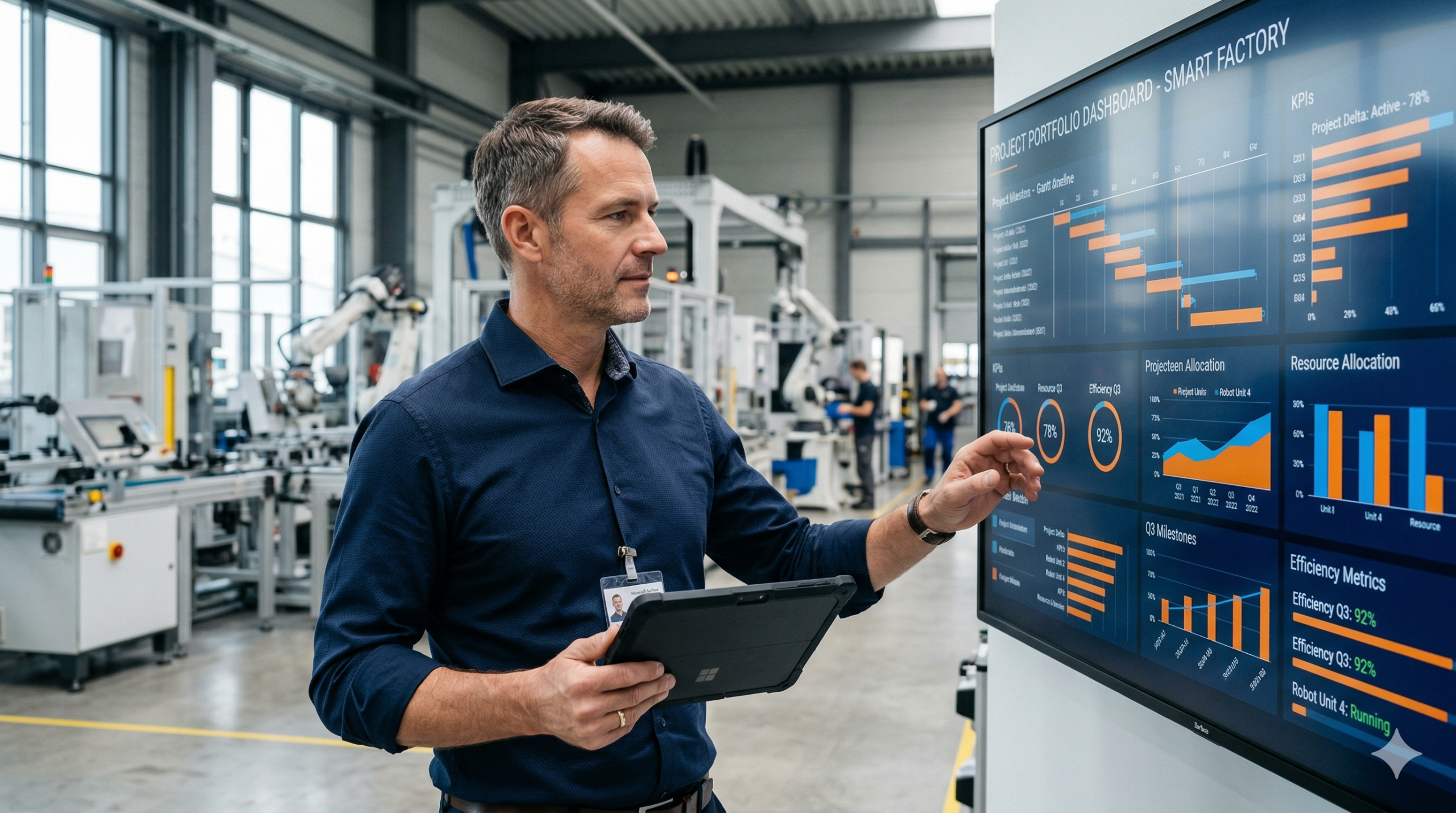 Manager vor digitalem Dashboard in Produktionshalle