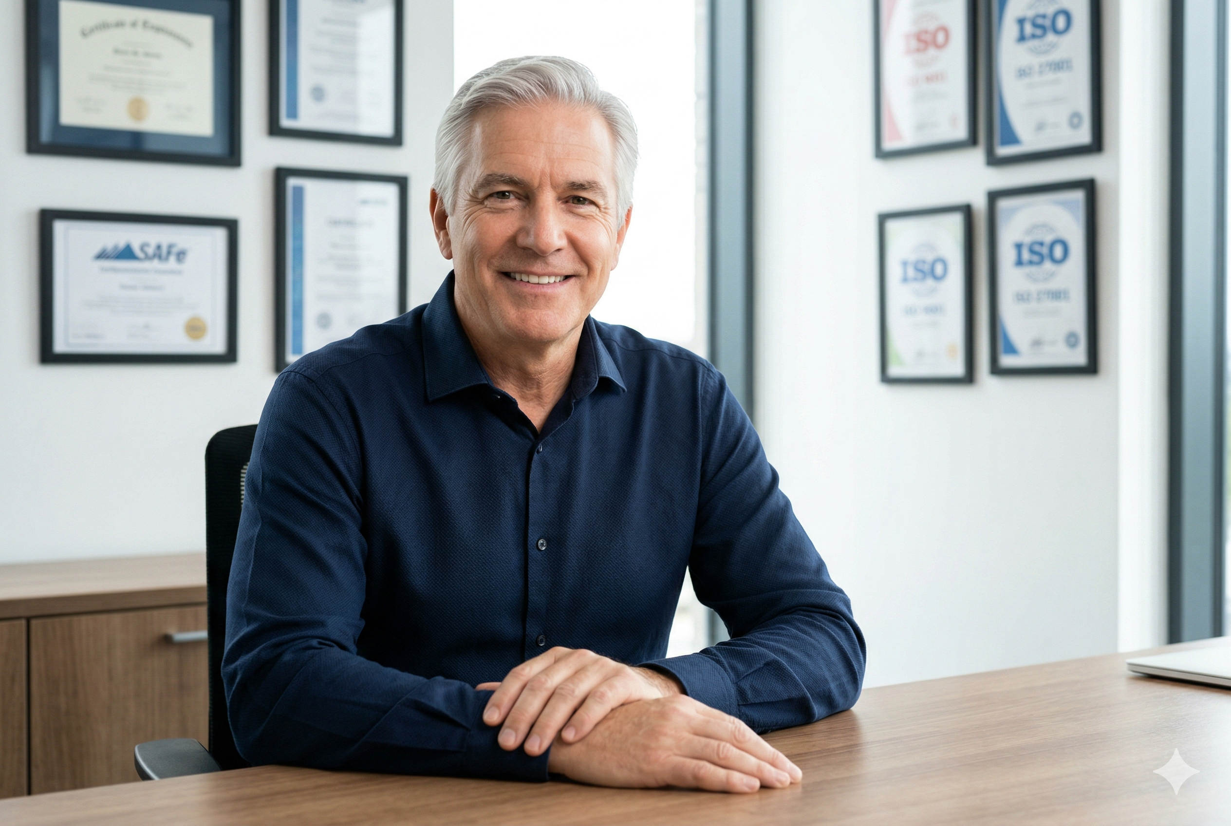 Multiprojektmanagement Experte PM4PRODUCTION – Portrait mit Zertifikaten SAFe 6, IPMA Level A und ISO 27001 im Hintergrund