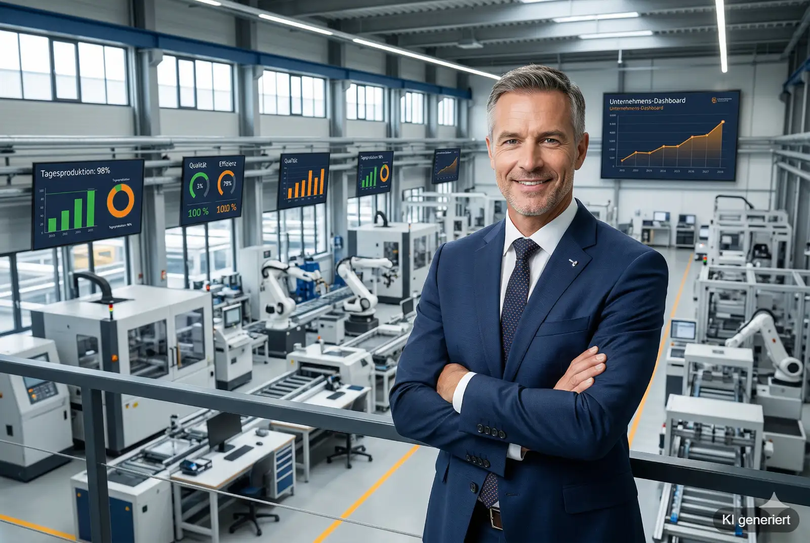 Erfolgreicher Werksleiter vor moderner Produktionsfläche mit Dashboards – Case Study PM4PRODUCTION